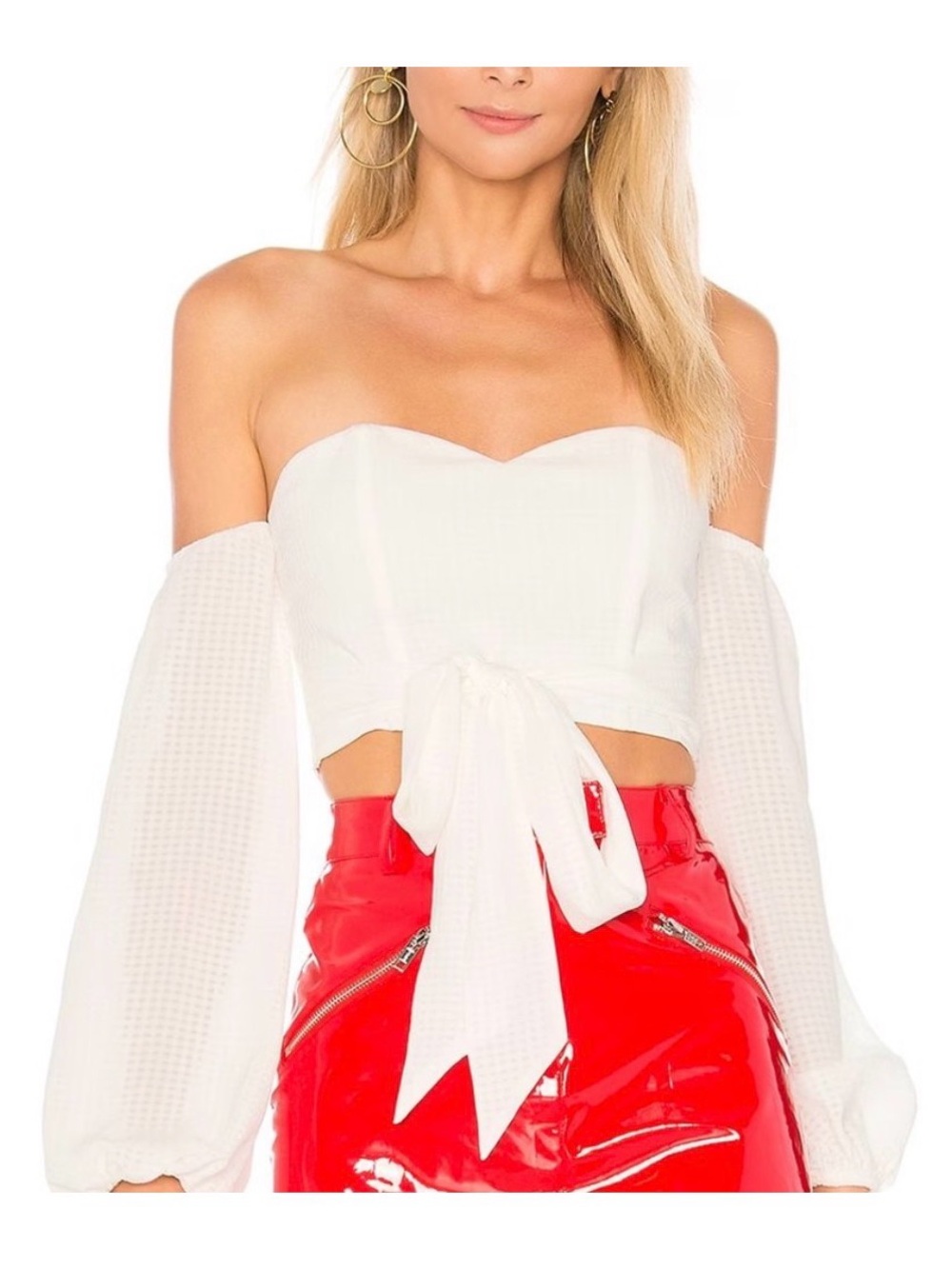 Superdown Maya Off-Shoulder Long Sleeve White Crop Top